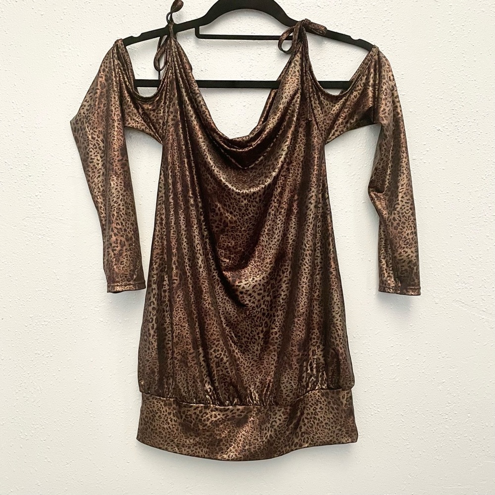 Shiny Animal Cheetah print top long sleeves shoulder cut out in bronze & black